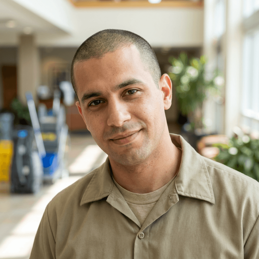 Male cleaning technician in his late 20s with an energetic demeanor