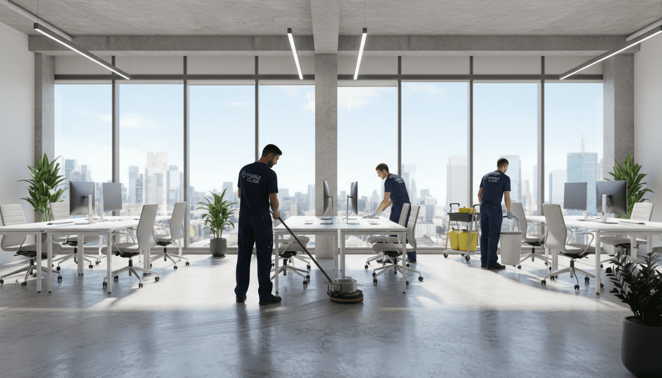 Commercial cleaner wiping a desk in a bright modern office
