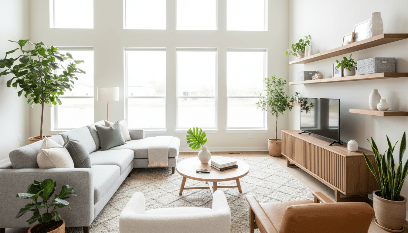 Bright clean living room with fresh sunlight and tidy modern furniture
