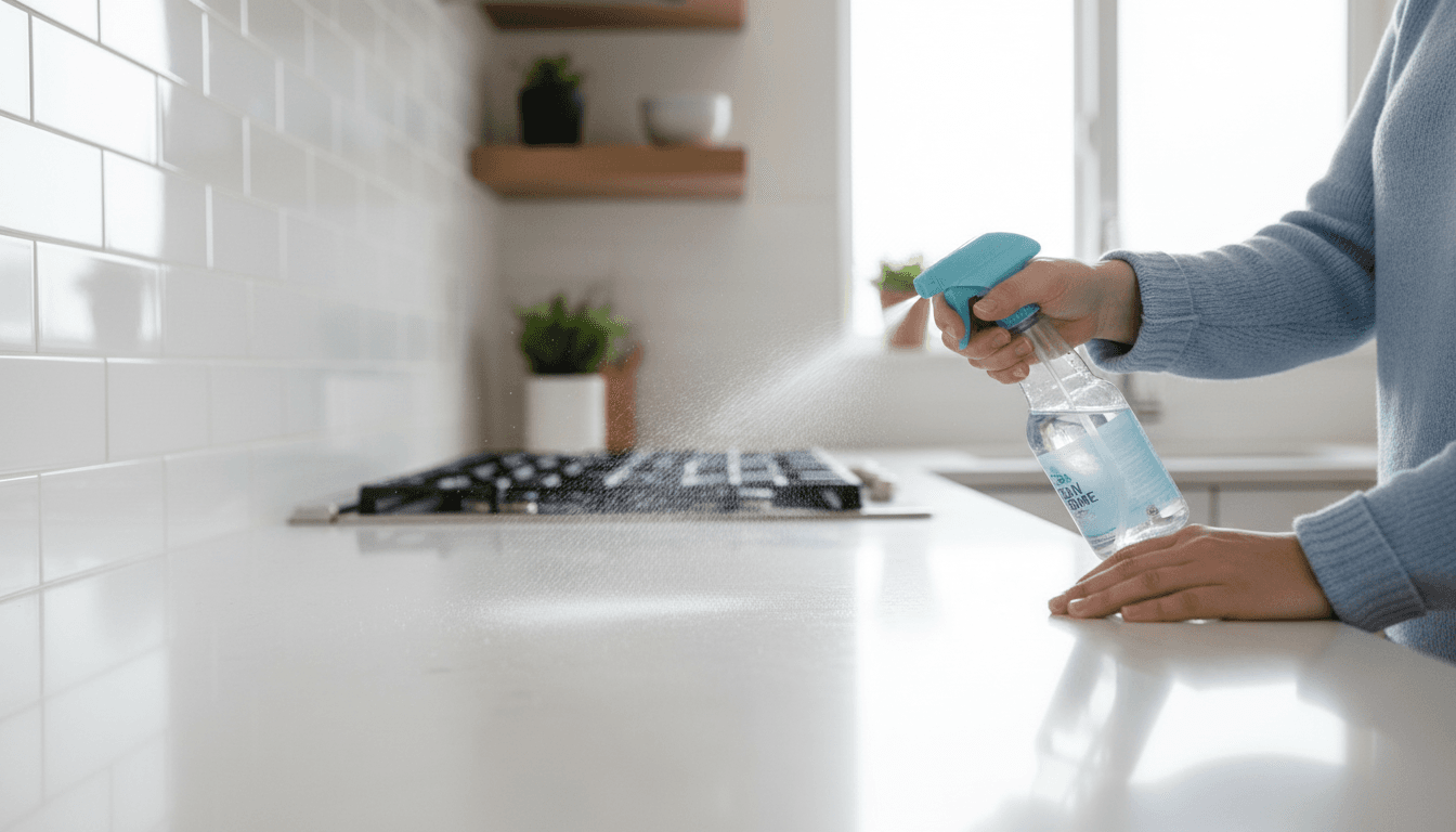 Professional cleaner wiping a kitchen counter with a spray bottle in a bright, modern home