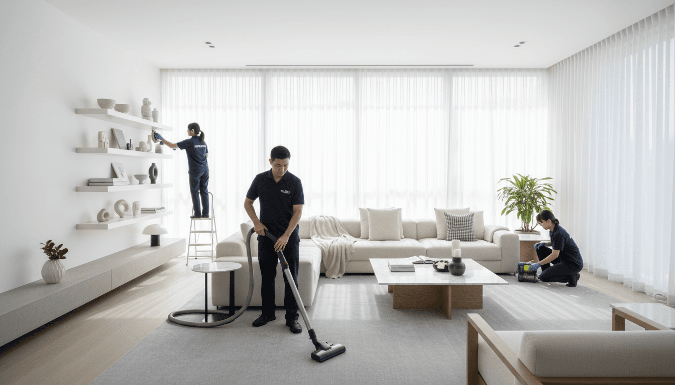 Professional cleaning team in bright modern home interior with natural light